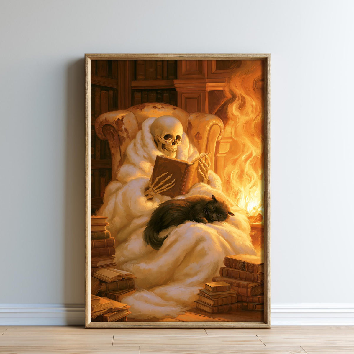 A skeleton is sitting in a chair, reading a book, with a cat sleeping on its lap, in a warm and cozy setting with a fireplace and bookshelves in the background.