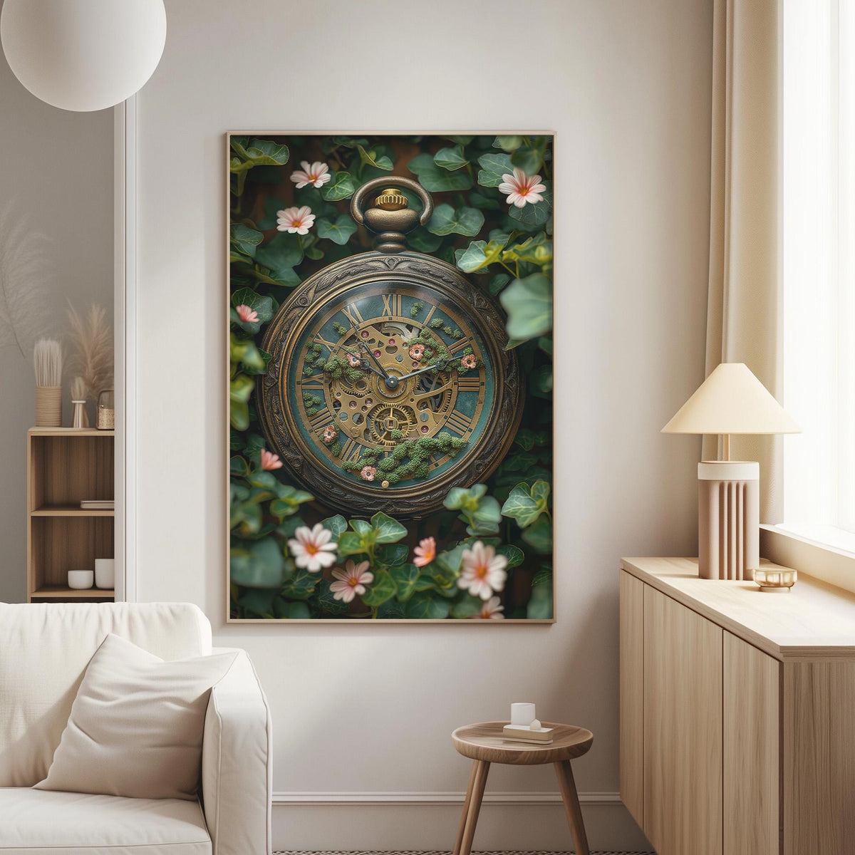 a large clock with a green face and gold hands, surrounded by a lush green plant and pink flowers, hanging on a wall in a living room setting.