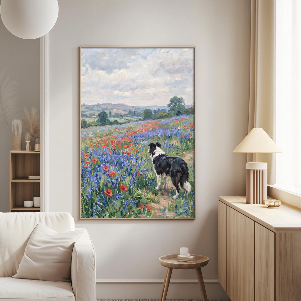 a large painting of a dog standing in a field of flowers, with a cloudy sky in the background.