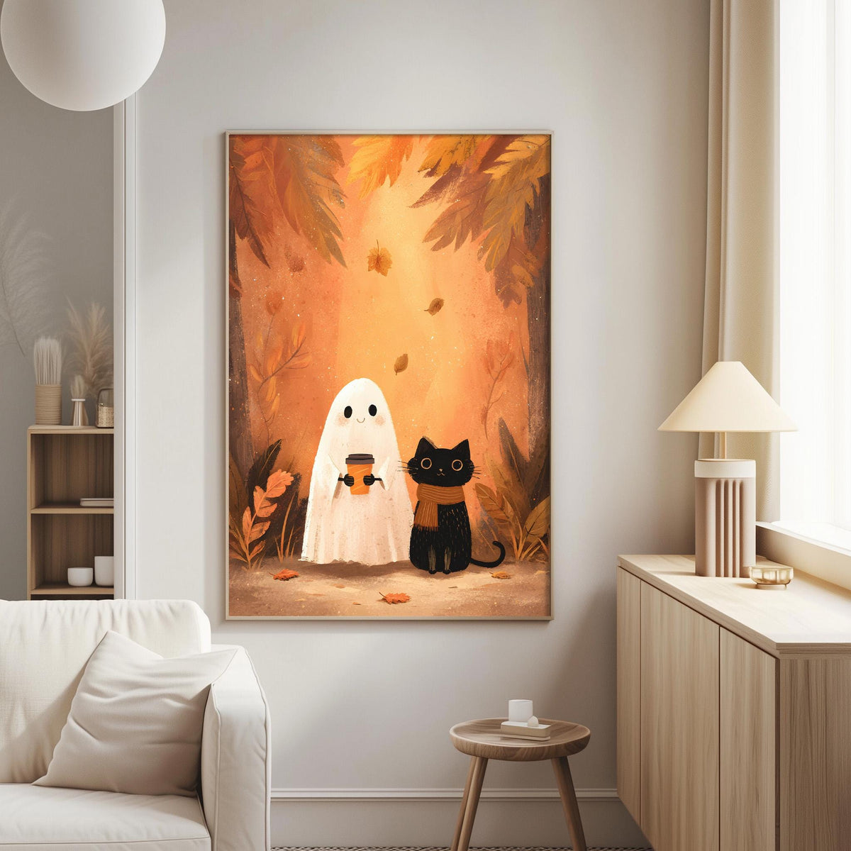 a cozy living room with a large framed artwork depicting a ghost, a cat, and a plant on the wall.