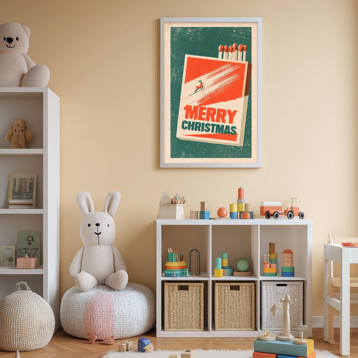 A cozy children's room with a white bookshelf, a stuffed rabbit, and a toy train. Above the bookshelf is a framed poster with a Christmas-themed design.