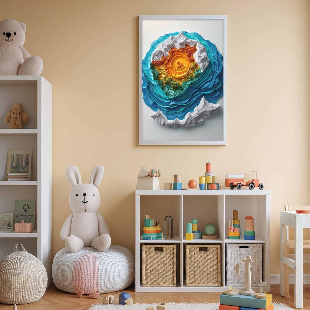 A child's bedroom with a white bookshelf, a stuffed rabbit, and a colorful abstract artwork on the wall.