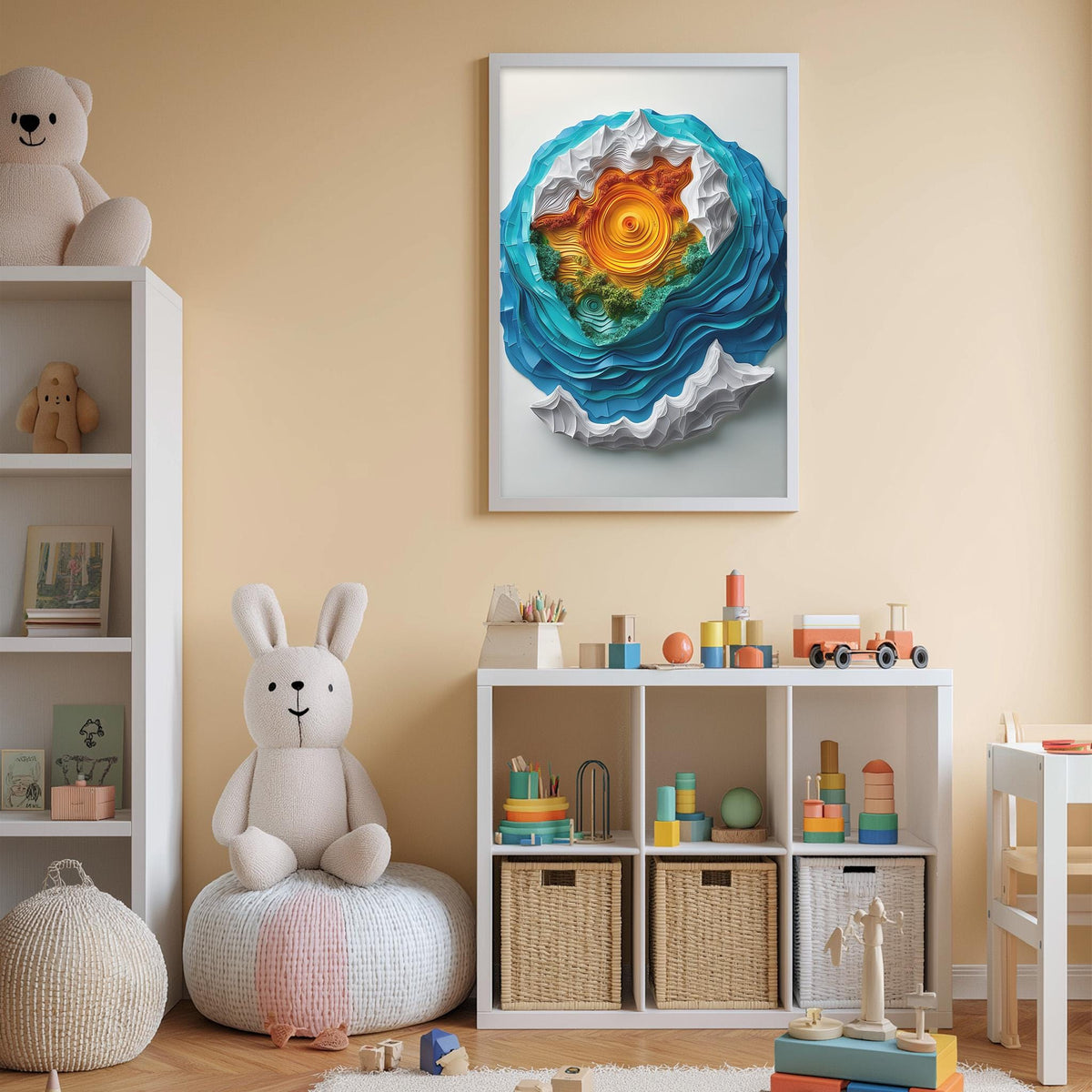 A child's bedroom with a white bookshelf, a stuffed rabbit, and a colorful abstract artwork on the wall.