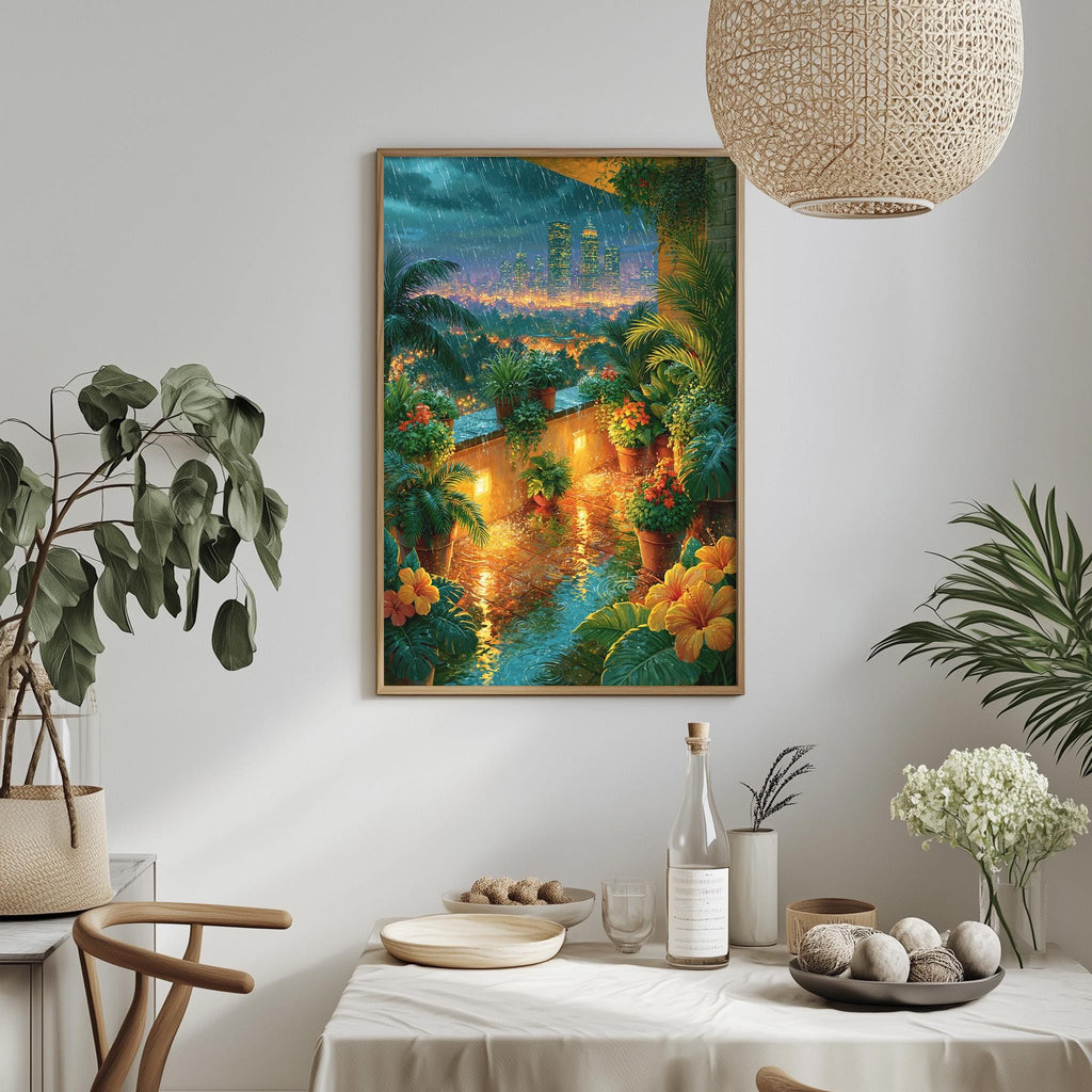 a dining table with a white tablecloth, surrounded by chairs. On the table, there are various items such as a bottle, a bowl, and a vase. Above the table, there is a framed painting depicting a tropical garden scene with palm trees, flowers, and a winding path.