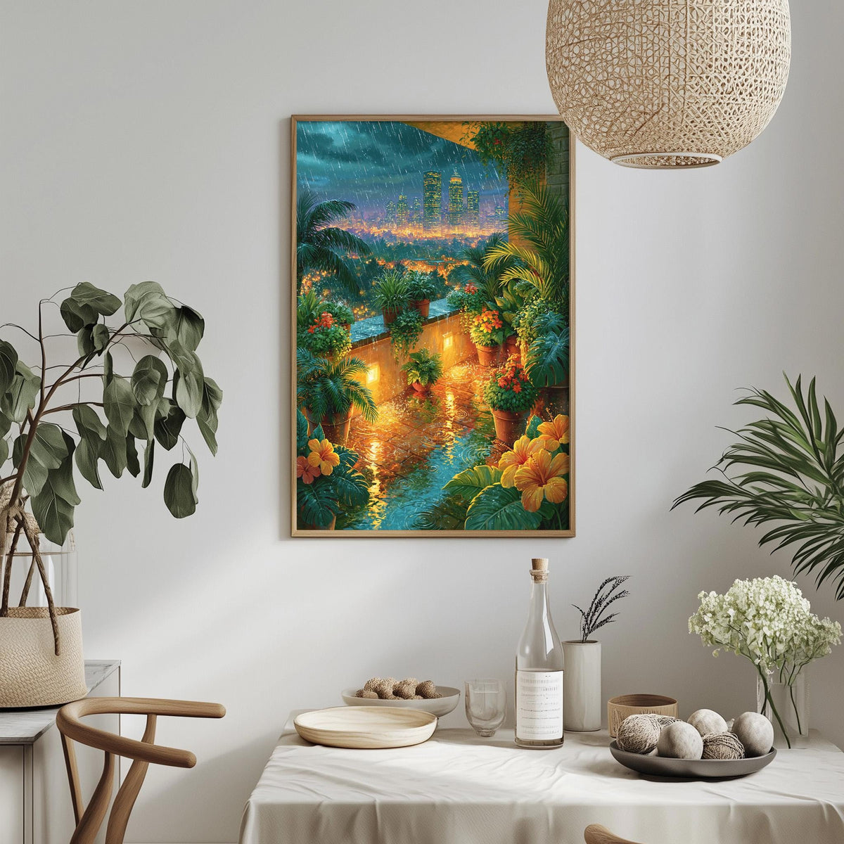 a dining table with a white tablecloth, surrounded by chairs. On the table, there are various items such as a bottle, a bowl, and a vase. Above the table, there is a framed painting depicting a tropical garden scene with palm trees, flowers, and a winding path.