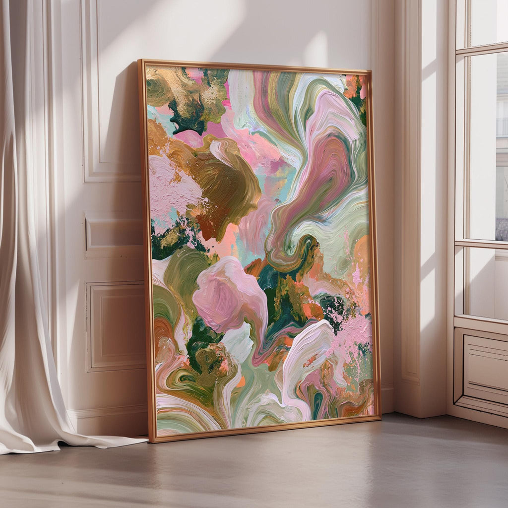 a large abstract painting with vibrant colors and swirling patterns, displayed in a gold frame on a wooden floor.