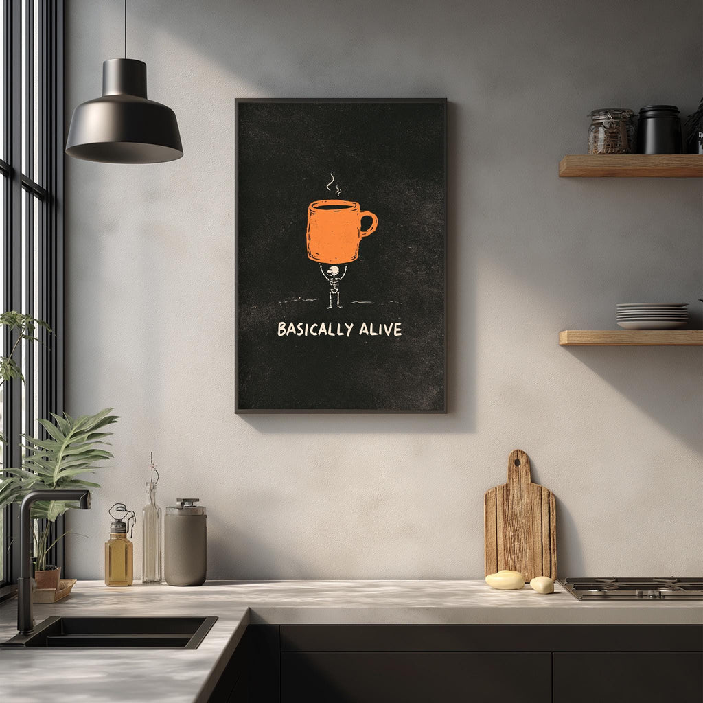 a kitchen counter with various kitchen items, including a cutting board, a coffee mug, and a plant. Above the counter, there is a framed poster with an illustration of a person holding a coffee mug and the text "BASICALLY ALIVE".