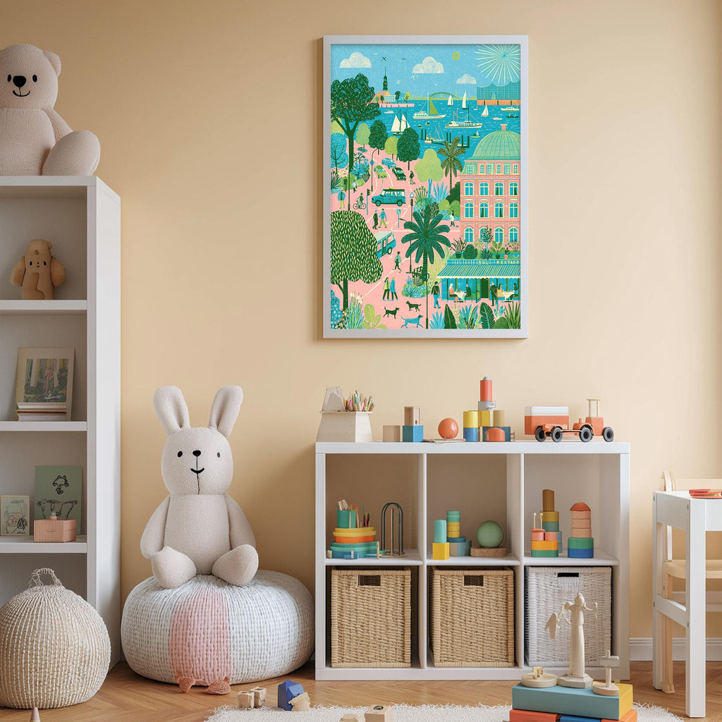 A child's bedroom with a large stuffed rabbit, a bookshelf, and a colorful painting of a cityscape hanging on the wall.