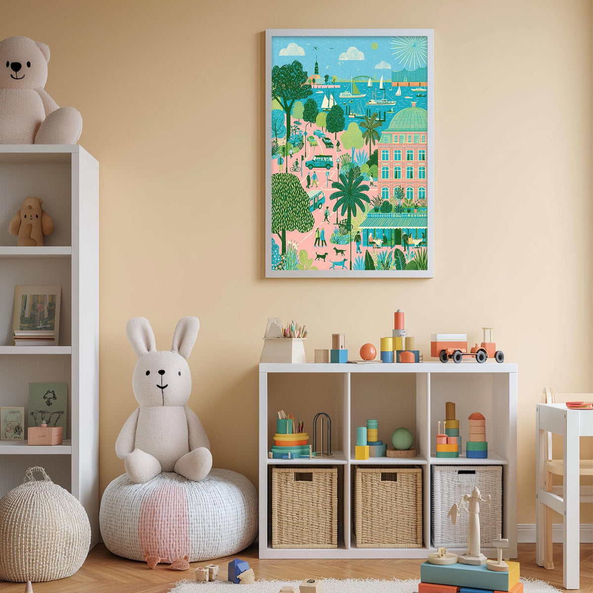 A child's bedroom with a large stuffed rabbit, a bookshelf, and a colorful painting of a cityscape hanging on the wall.