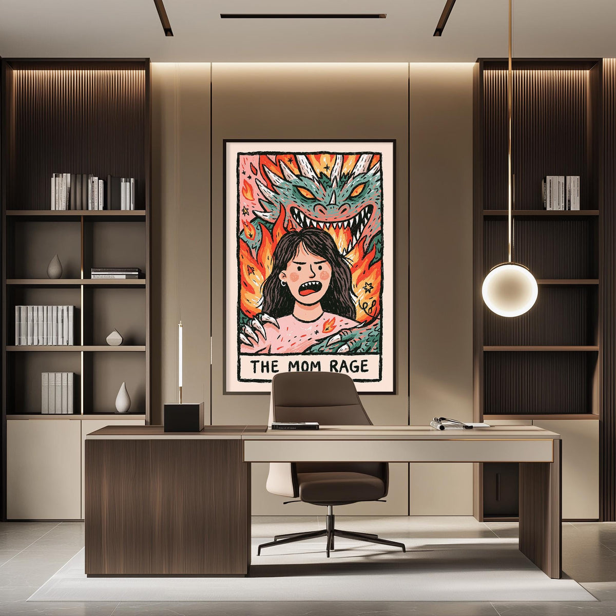 a modern office space with a large framed poster of a woman with a dragon on the wall. The poster is titled "The Mom Rage". The office has a wooden desk and chair, and there are bookshelves on either side of the room.