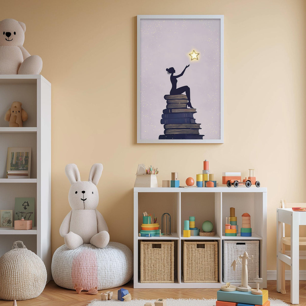 A cozy children's room with a bookshelf, a plush rabbit, and a toy train. The room has a warm, inviting atmosphere with a framed artwork of a girl reaching for a star above a bookshelf.