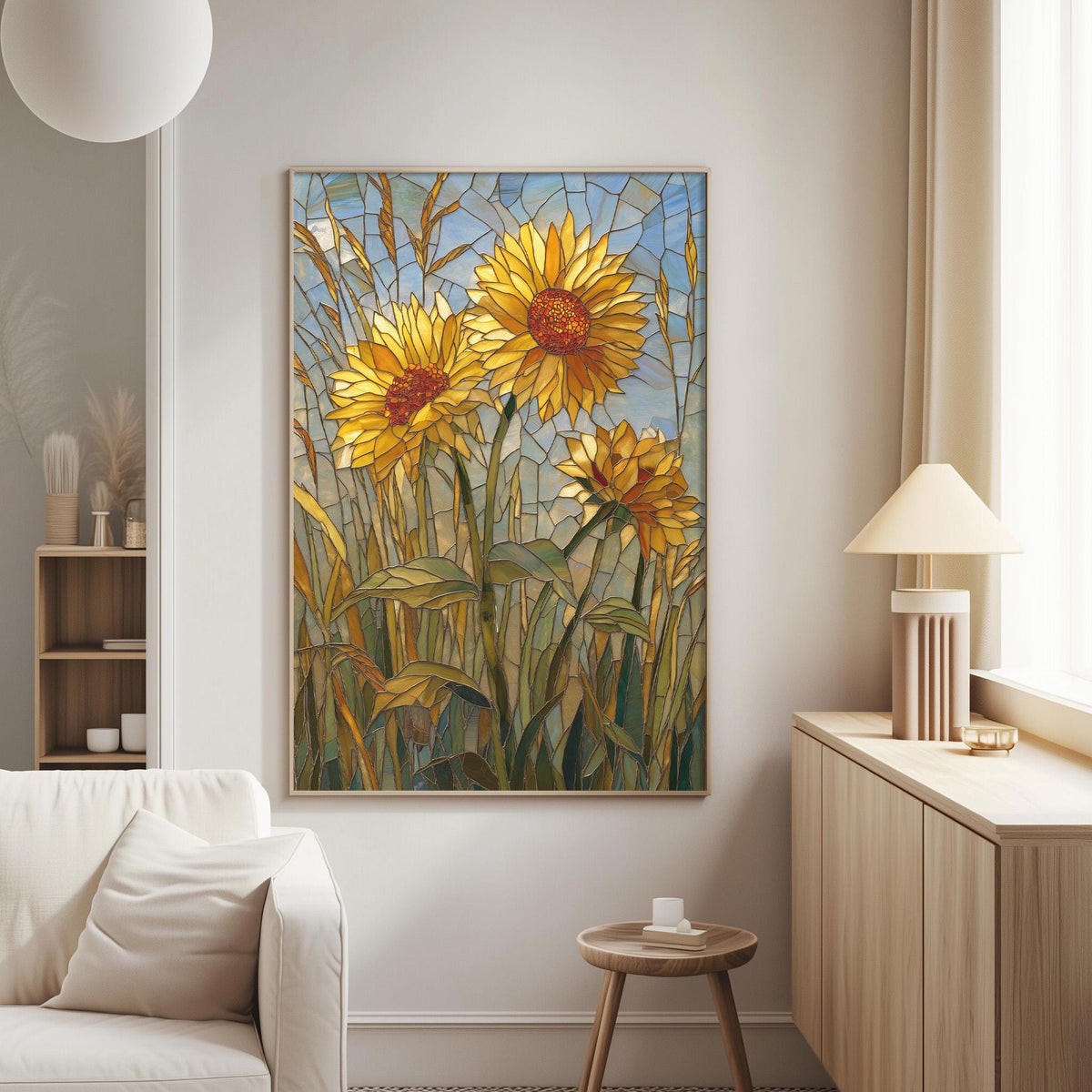 a living room with a large framed painting of vibrant yellow sunflowers hanging on the wall. The painting is set against a backdrop of green leaves and stems, creating a striking contrast. The room is furnished with a white sofa and a wooden side table, and a lamp is visible on the right side of the image.