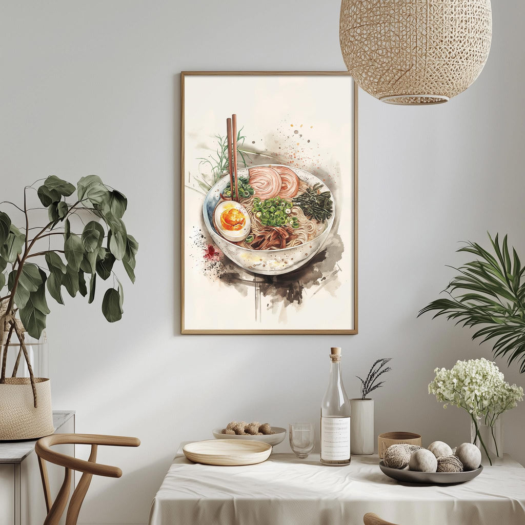 a dining table with a bowl of food, a bottle, and a vase of flowers, along with a framed picture of a bowl of food hanging on the wall.