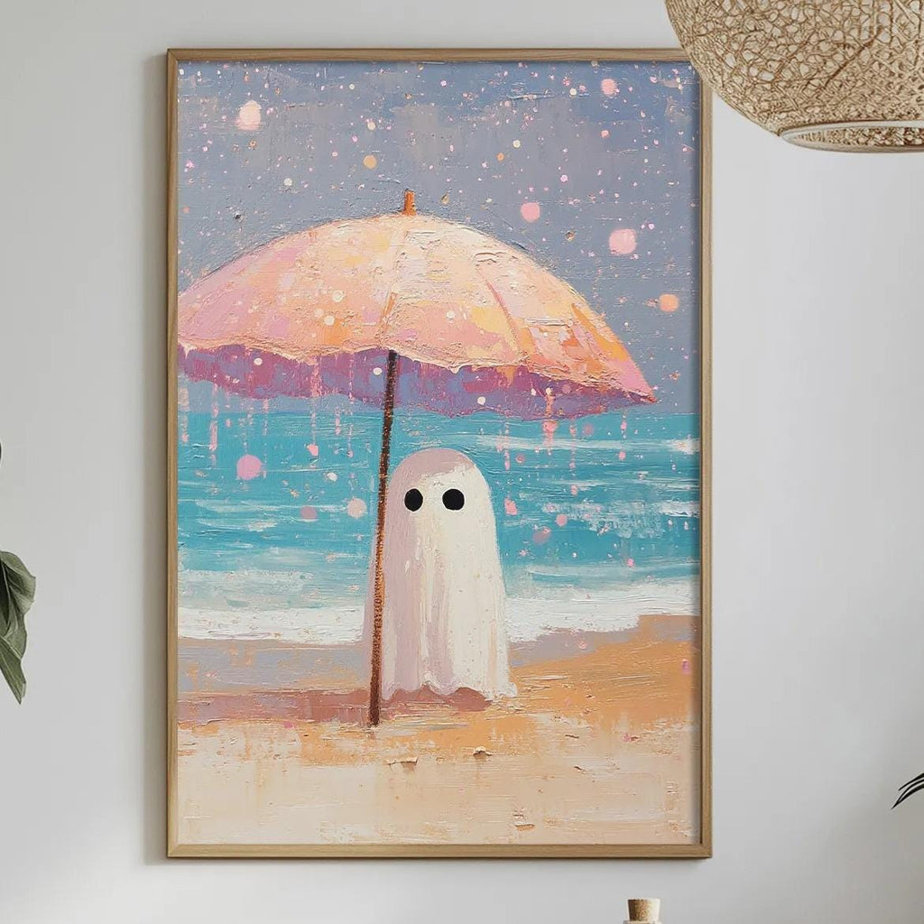 a framed painting of a ghost standing under a pink umbrella on a beach, with a serene ocean and sky in the background.