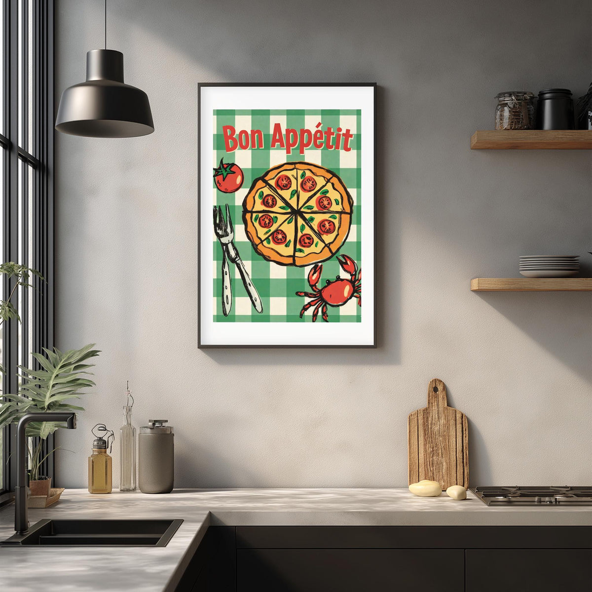 a framed poster of a pizza with a crab on a green and white checkered background, hanging on a wall above a kitchen counter.