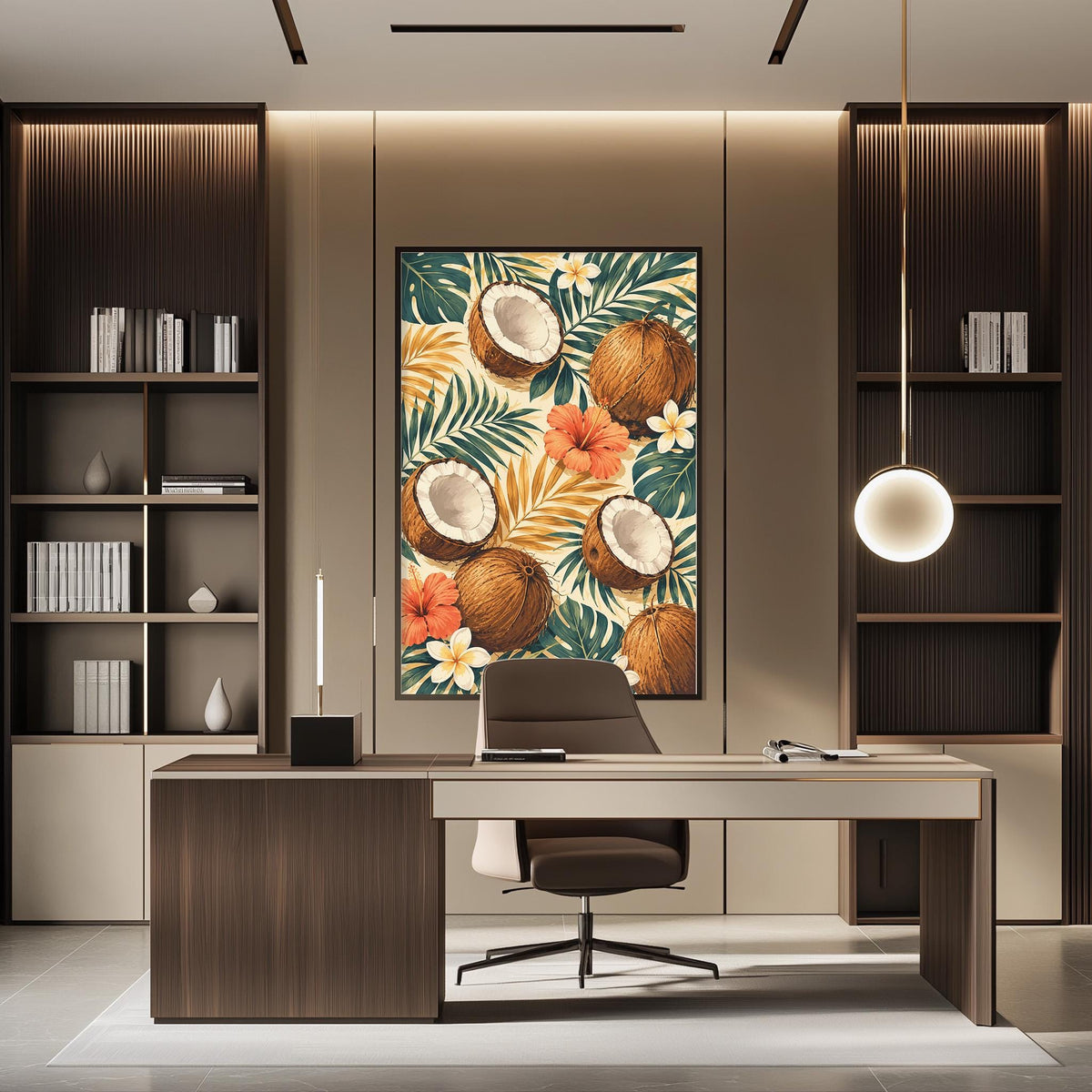 a modern and stylish office space with a large tropical-themed painting on the wall behind a desk. The desk is positioned in front of the painting, creating a focal point in the room. The office also features built-in bookshelves and a pendant light, contributing to the overall contemporary design.