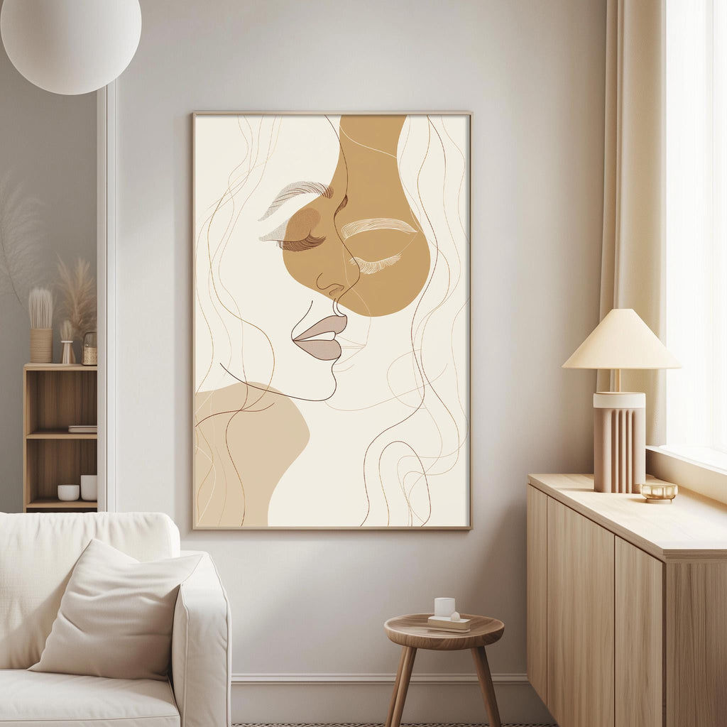 a living room with a large abstract portrait of a woman's face hanging on the wall. The room has a white sofa, a wooden side table, and a lamp on a nearby table.