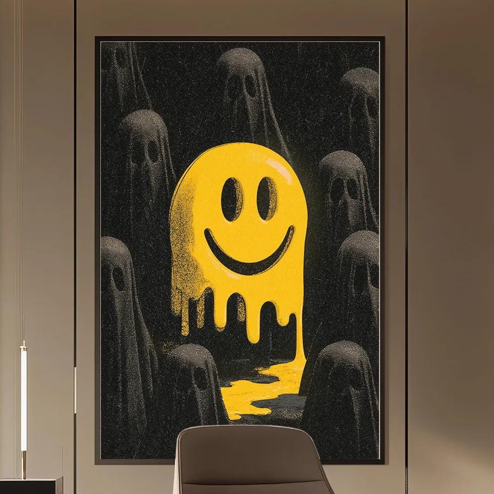 a modern office space with a desk, chair, and a large framed artwork depicting a yellow smiley face with a black background and ghostly figures.