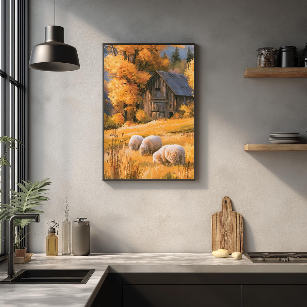 a framed painting of a barn surrounded by a field of hay and trees with autumn foliage, hanging on a wall above a kitchen counter with various kitchen items and a wooden cutting board.