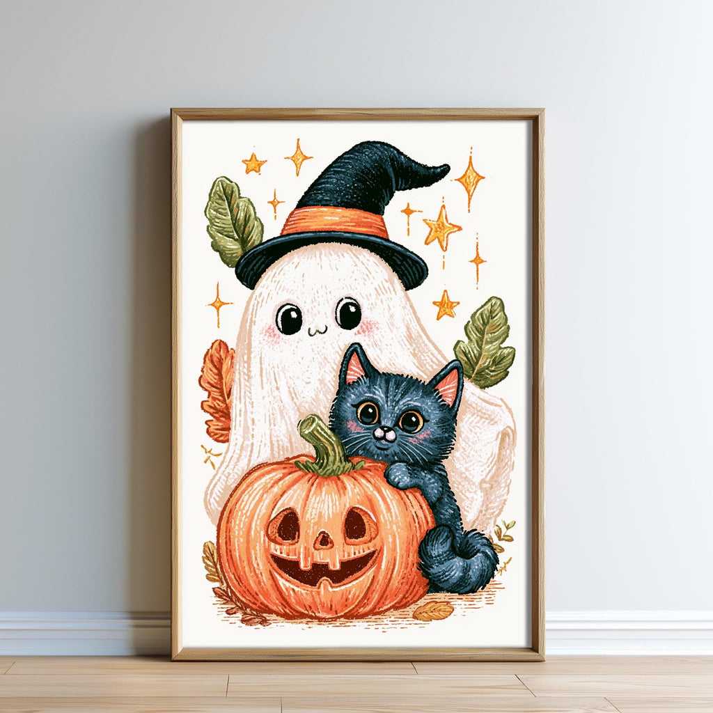 A framed illustration depicting a witch, a ghost, a cat, and a pumpkin, all set against a starry night sky background.