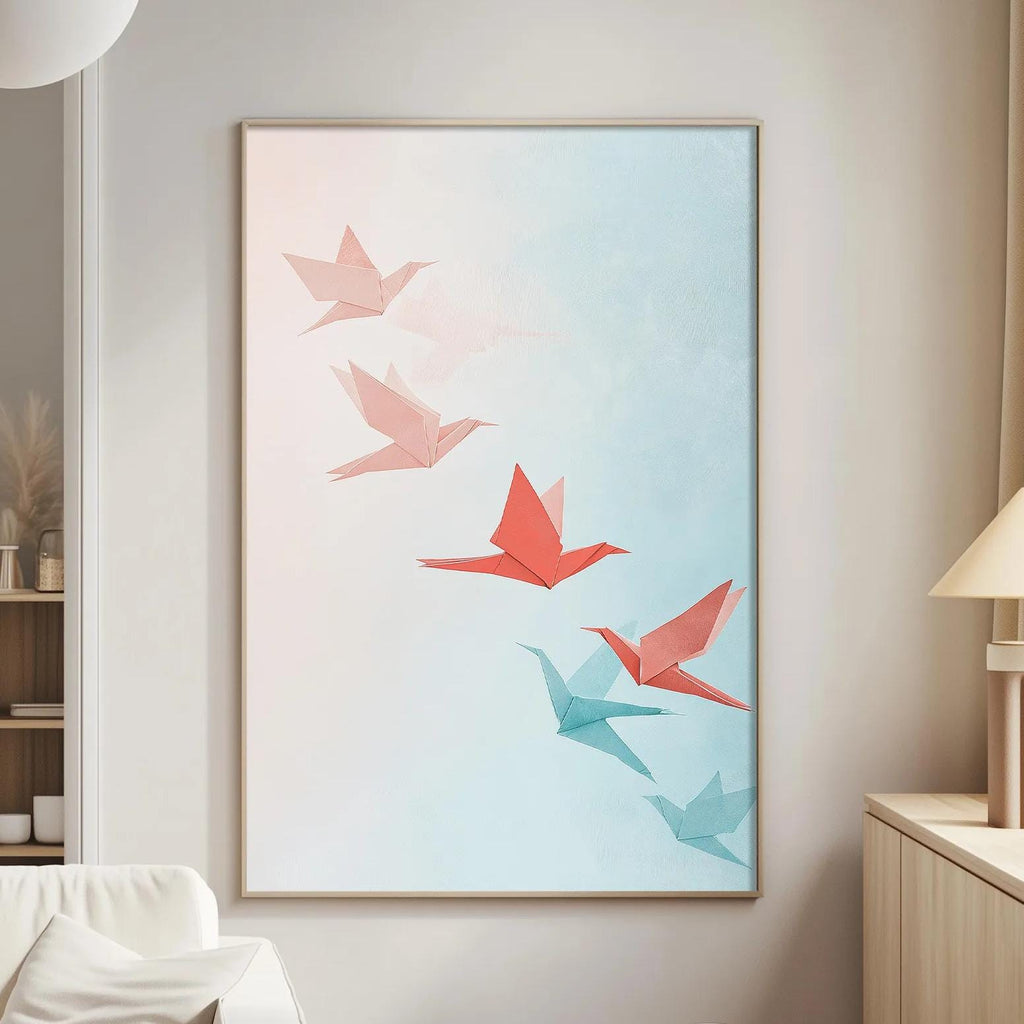 a living room with a white sofa, a wooden side table, and a framed artwork of red and blue origami birds on the wall.