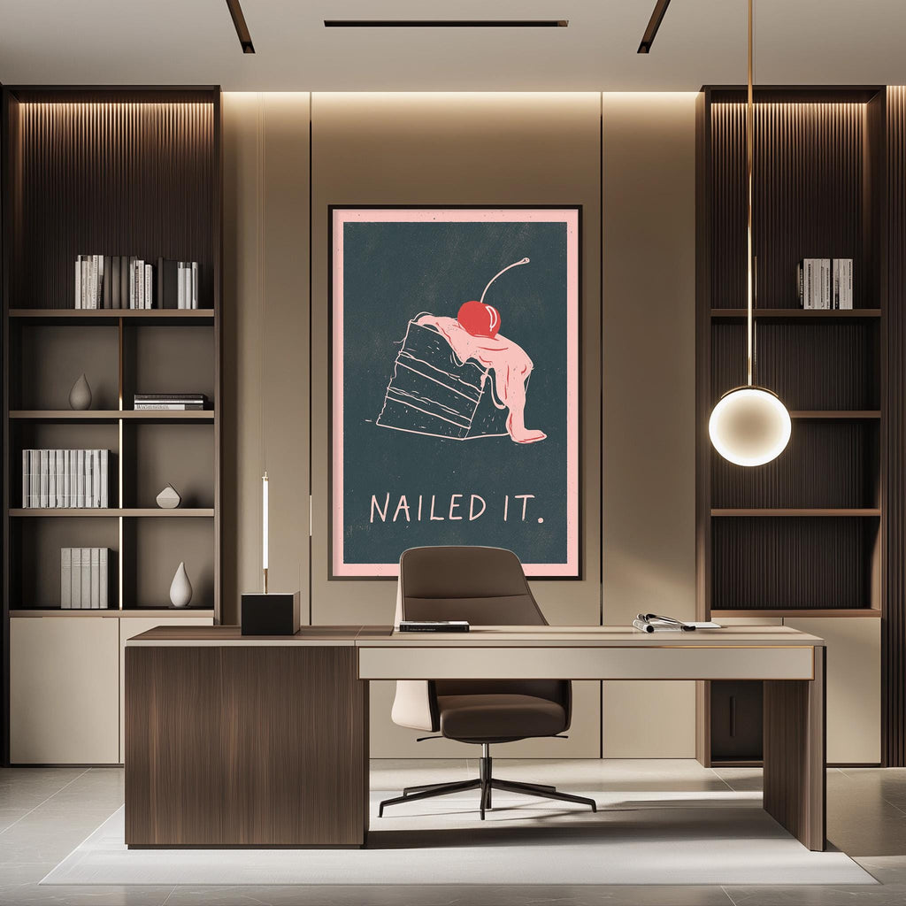 a modern office space with a large framed poster on the wall that says "NAILED IT." The office has a wooden desk, a chair, and a bookshelf. The overall design and decor of the space create a professional and stylish atmosphere.