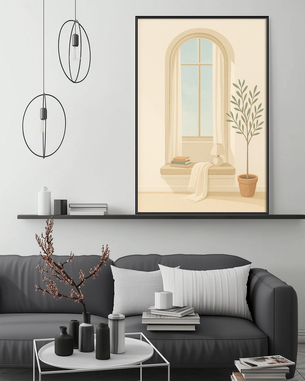 a cozy living room with a gray sofa, a coffee table, and a large framed picture of a window with a plant on the sill. The room has a minimalist and modern design, with a black pendant light hanging above the sofa and a shelf displaying various decorative items.