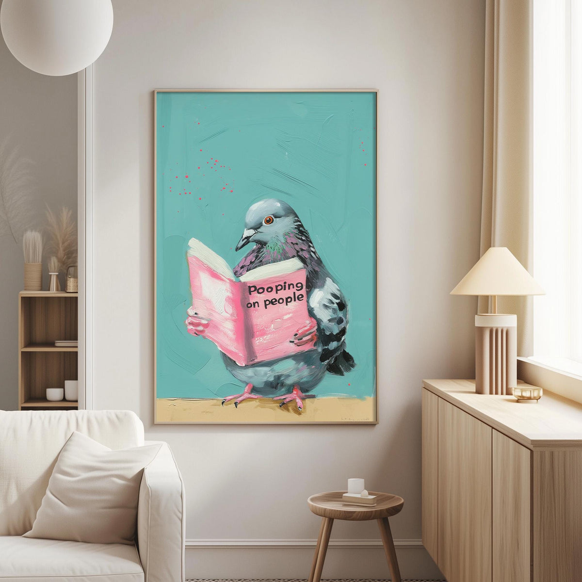 a large painting of a pigeon holding a book titled "Pooping on people" and standing on a beach.