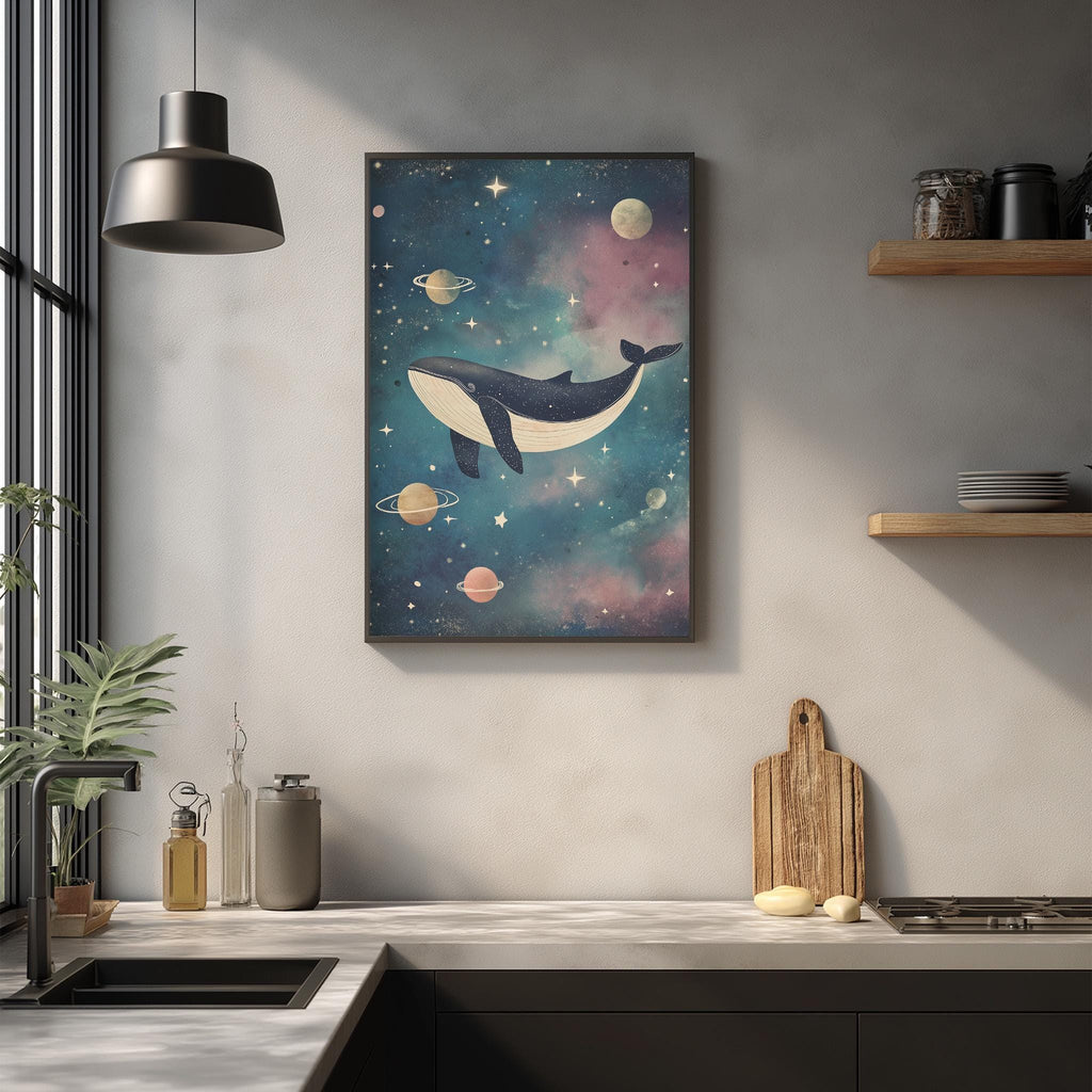 a kitchen counter with various items, including a wooden cutting board, a plant, and a framed picture of a whale floating in a starry space.