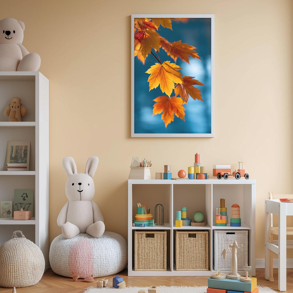 A cozy children's room with a white rabbit plush toy, a bookshelf filled with toys and books, and a framed picture of autumn leaves on the wall.