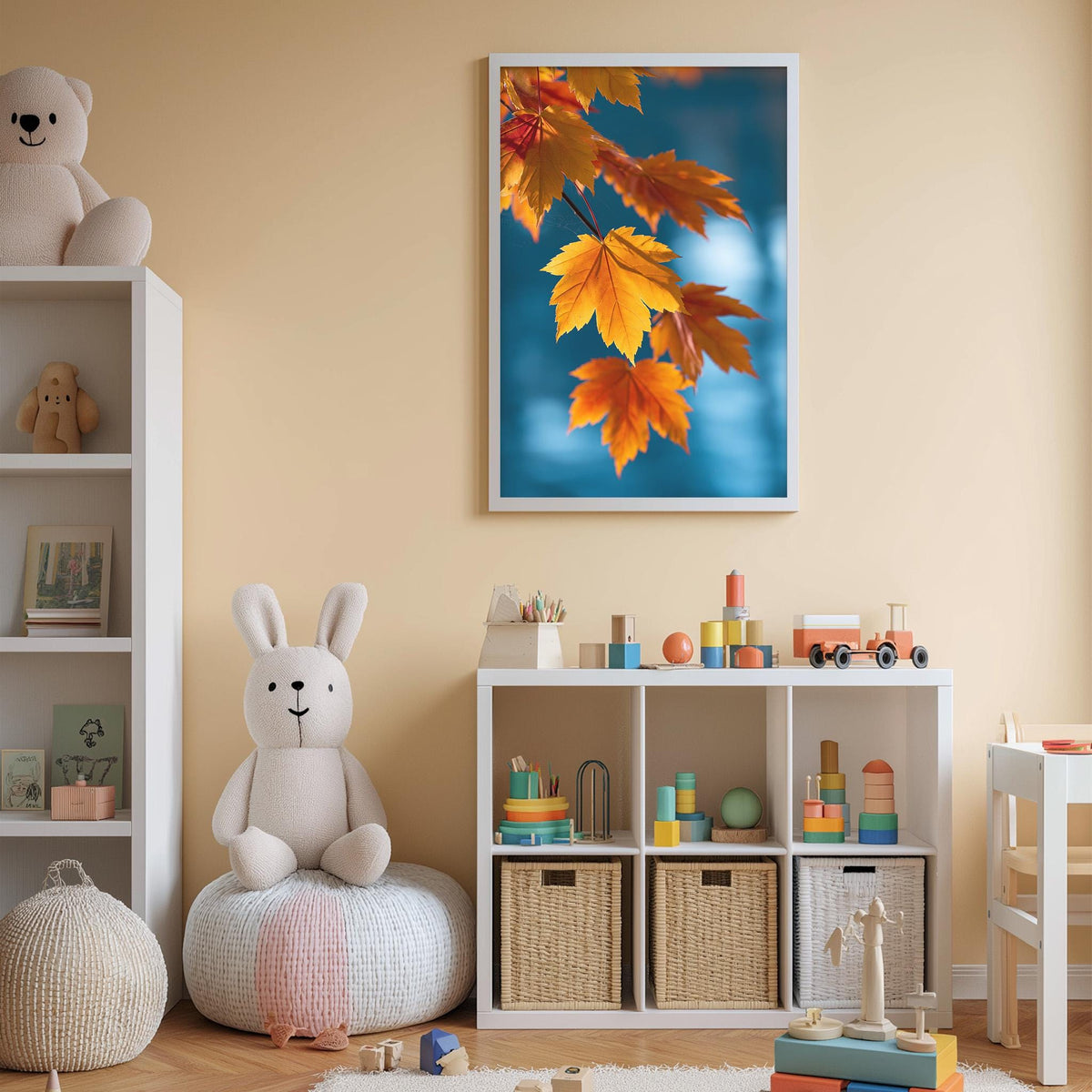 A cozy children's room with a white rabbit plush toy, a bookshelf filled with toys and books, and a framed picture of autumn leaves on the wall.