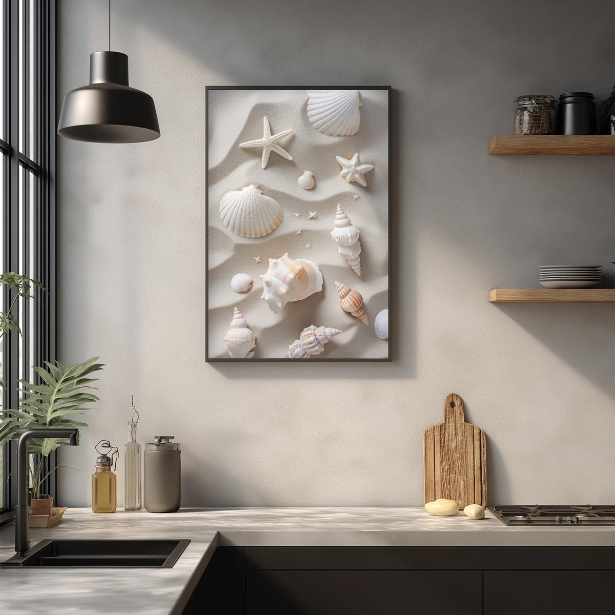 a kitchen counter with various items, including a framed picture of seashells, a wooden cutting board, and a potted plant.