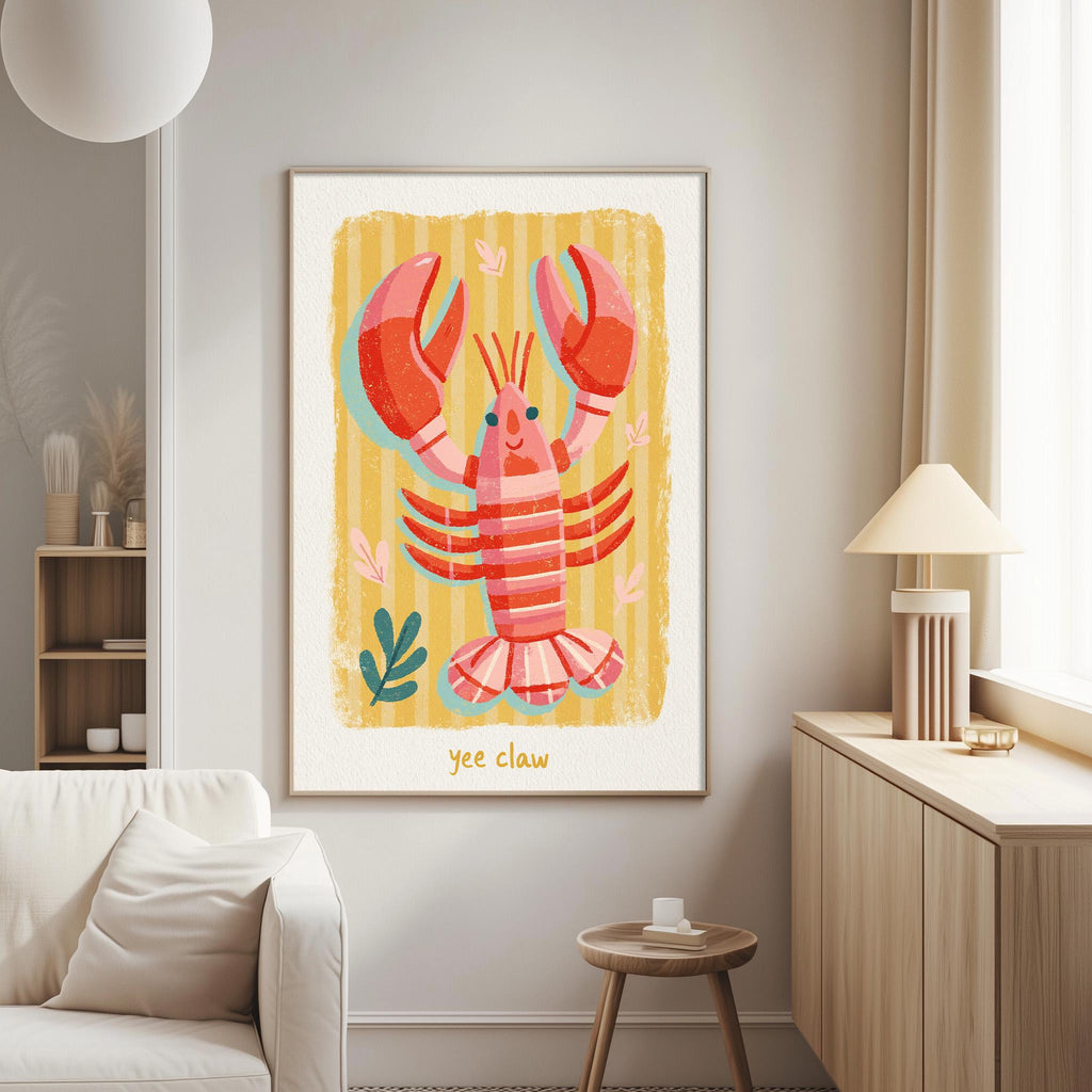 a framed illustration of a lobster with a yellow and green striped background, surrounded by various decorative elements.