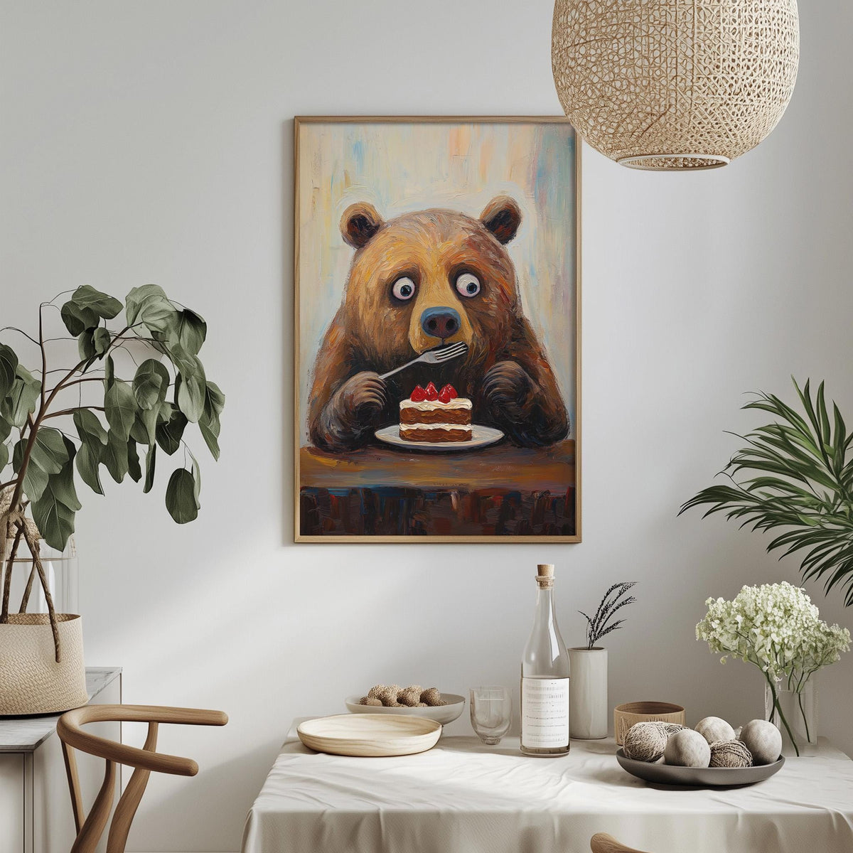 a painting of a bear sitting at a table and eating a cake, with a dining table and chairs in the foreground.