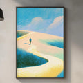 a kitchen counter with various kitchen items, including a cutting board, a bottle, and a vase. Above the counter, there is a framed painting depicting a person walking on a path through a landscape with a blue sky and clouds.