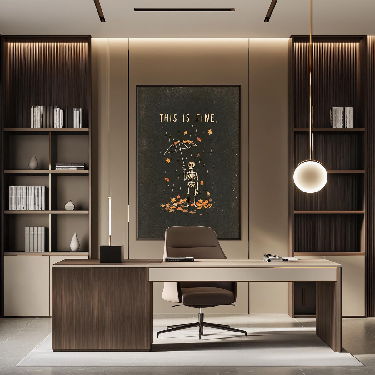 a modern office space with a desk, chair, and bookshelves. A large framed poster with a skeleton holding an umbrella is displayed on the wall, and a lamp is hanging from the ceiling.