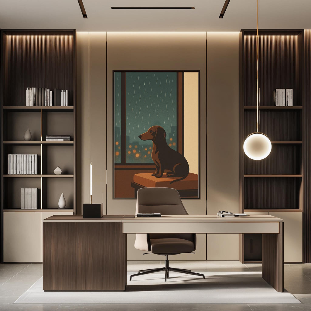a modern and minimalist office space with a large painting of a dog on the wall, a wooden desk, and a comfortable-looking chair.