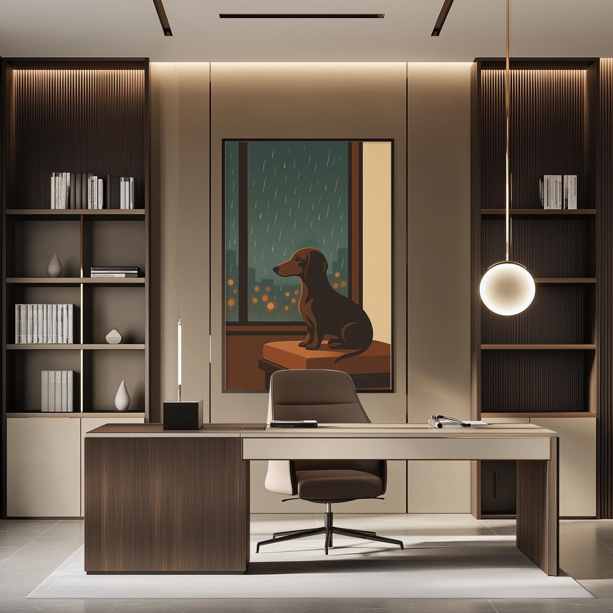 a modern and minimalist office space with a large painting of a dog on the wall, a wooden desk, and a comfortable-looking chair.