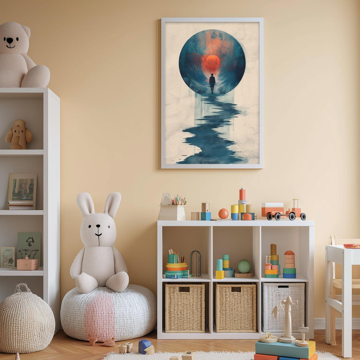 a cozy and colorful children's bedroom with a large stuffed rabbit, a bookshelf filled with toys, and a framed artwork on the wall.