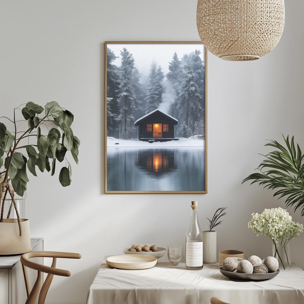 a picture of a cabin in a snowy forest