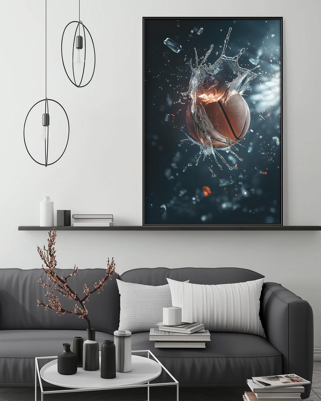 a modern living room with a gray sofa, a coffee table, and a large framed artwork depicting a basketball in mid-air surrounded by water droplets.