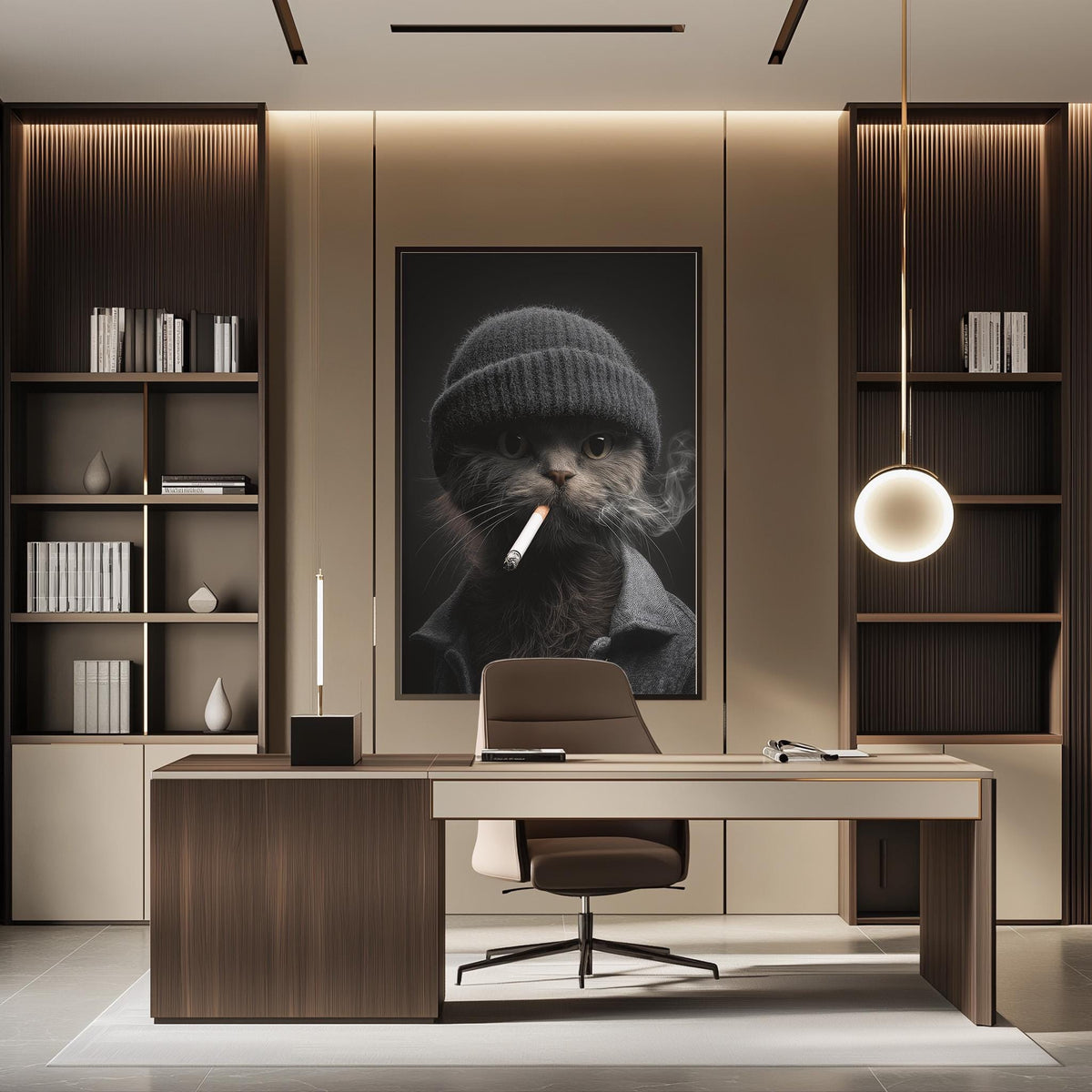 a modern office space with a large framed picture of a cat wearing a knit hat as the focal point. The cat is smoking a cigarette, adding a whimsical touch to the scene. The office is well-lit, with a desk, chair, and bookshelves visible, creating a professional and comfortable atmosphere.