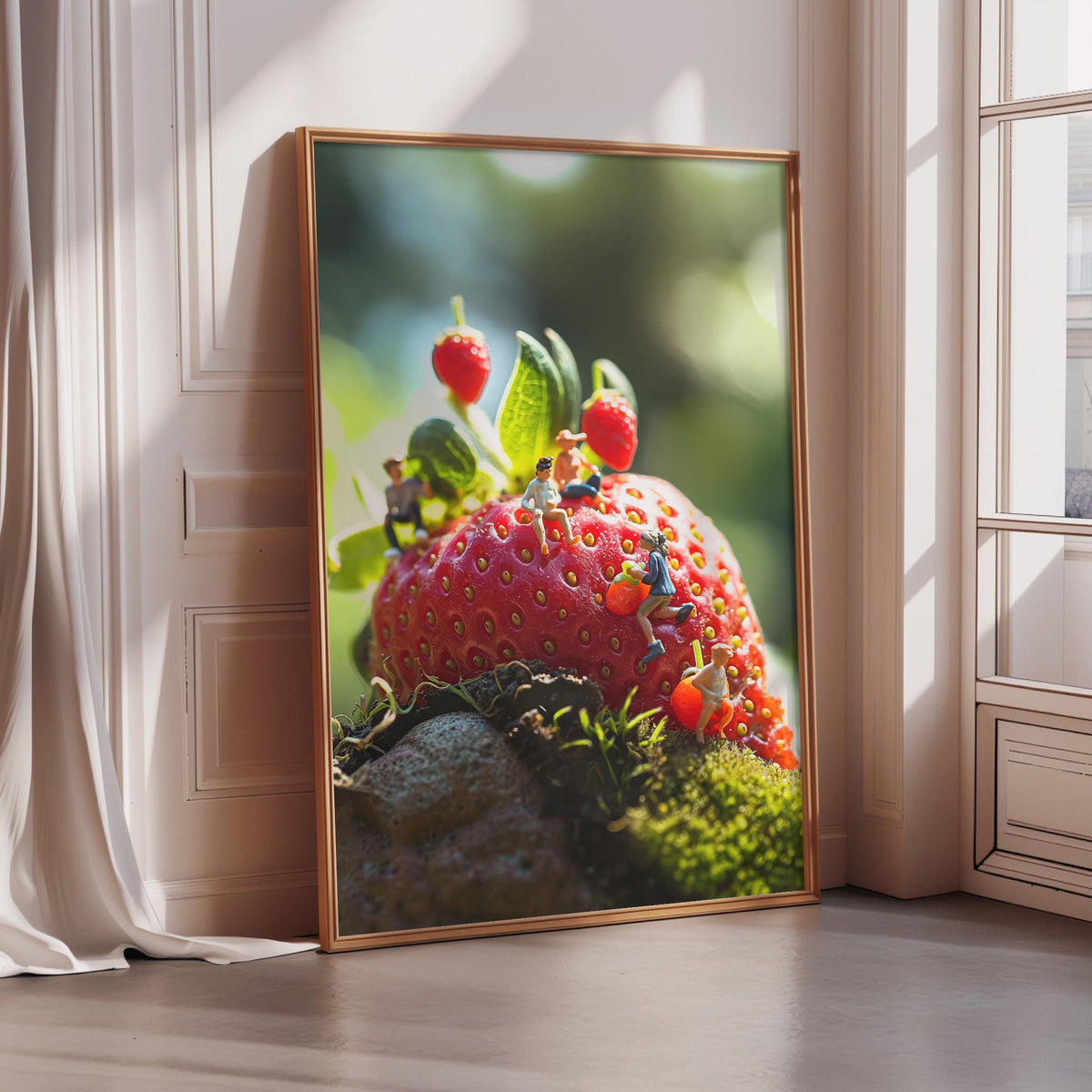 A framed photograph of a strawberry with small figurines on top, set against a blurred natural background.