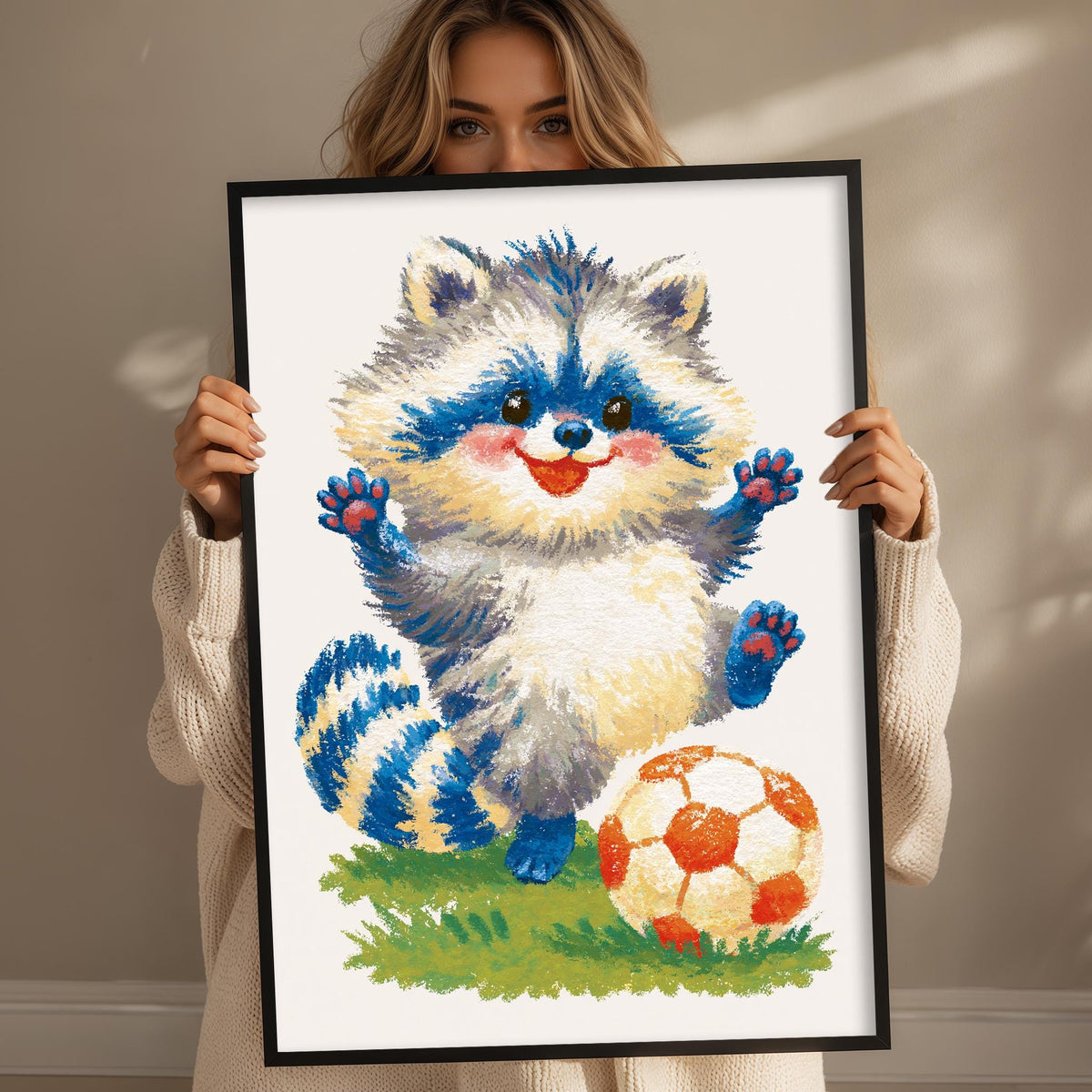 A woman is holding up a framed picture of a raccoon with a soccer ball in front of it.