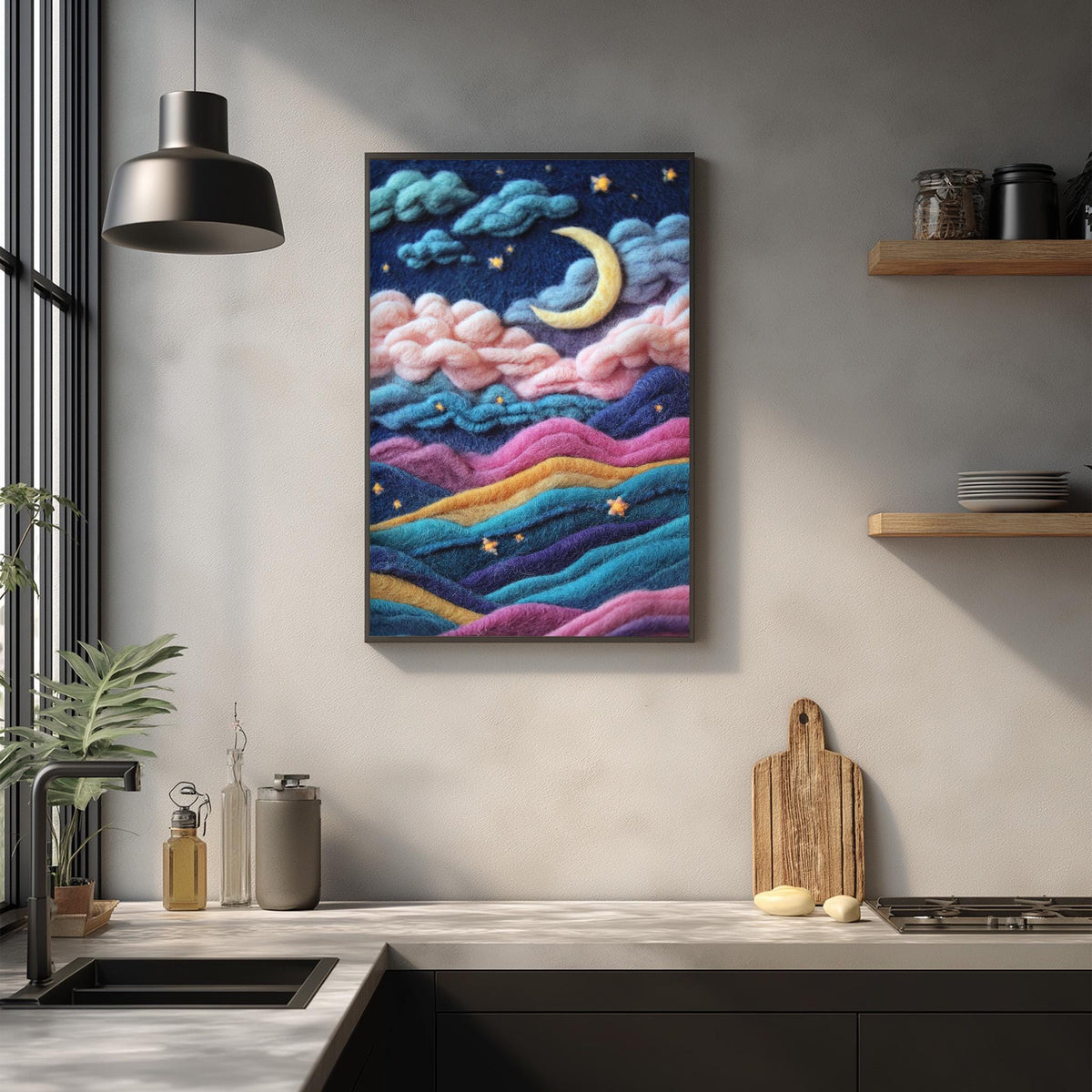 Moon and Stars Nursery Wall Art Print, Dreamy Night Sky Felt Landscape, Celestial Kids Room Decor, Whimsical Sleepy Time Poster