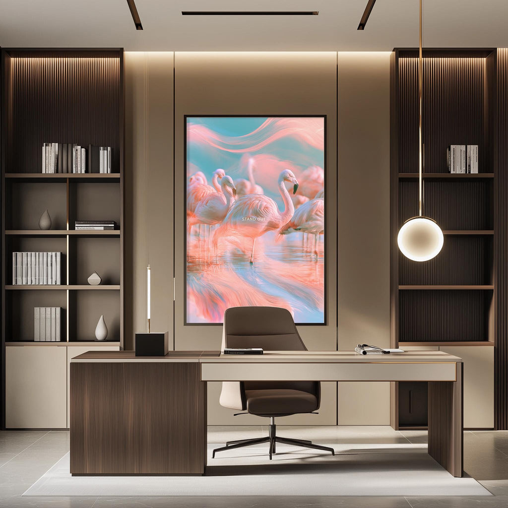 a modern and stylish office space with a large framed artwork of flamingos on the wall, a wooden desk with a chair, and built-in bookshelves.