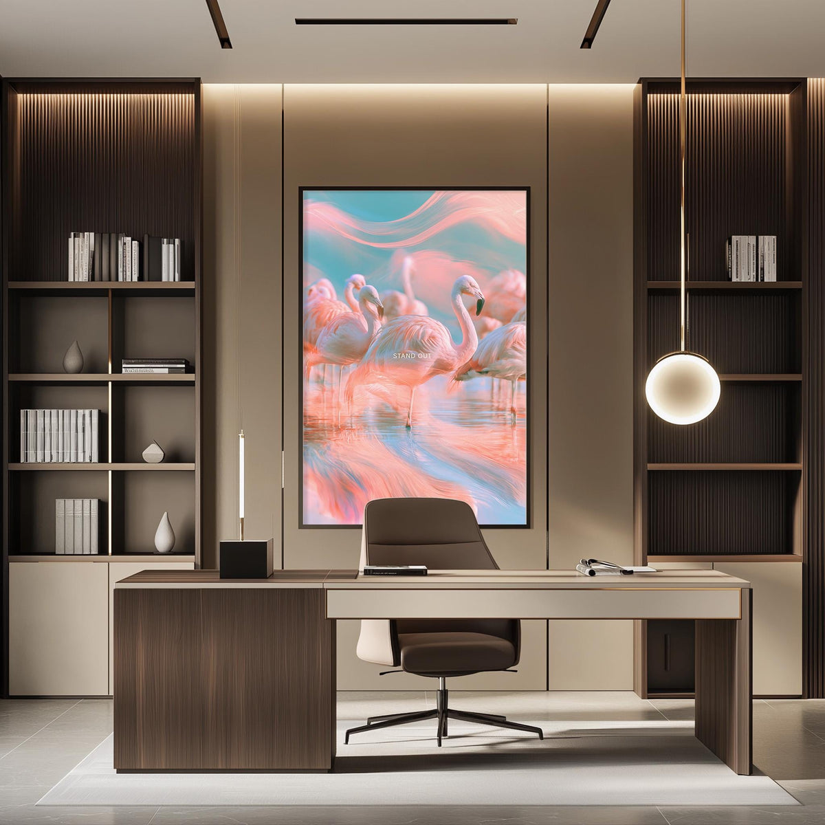 a modern and stylish office space with a large framed artwork of flamingos on the wall, a wooden desk with a chair, and built-in bookshelves.