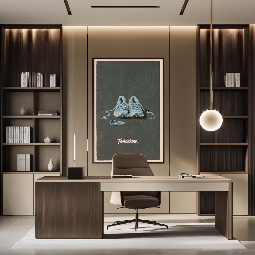 a modern and minimalist office space with a desk, chair, and shelving units. A large framed poster of a pair of shoes is displayed on the wall above the desk, and a lamp is hanging from the ceiling.