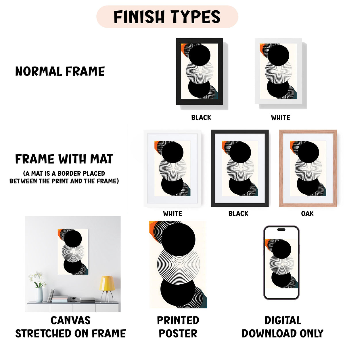 various types of artwork, including a canvas stretched on a frame, a frame with a mat, and a digital poster. The artwork is presented in different styles and finishes, such as normal frame, black, white, black, white, and oak. The image also includes a smartphone displaying a digital poster, and a canvas with a mat. The text in the image provides information about the artwork, such as the type of frame and the finish.