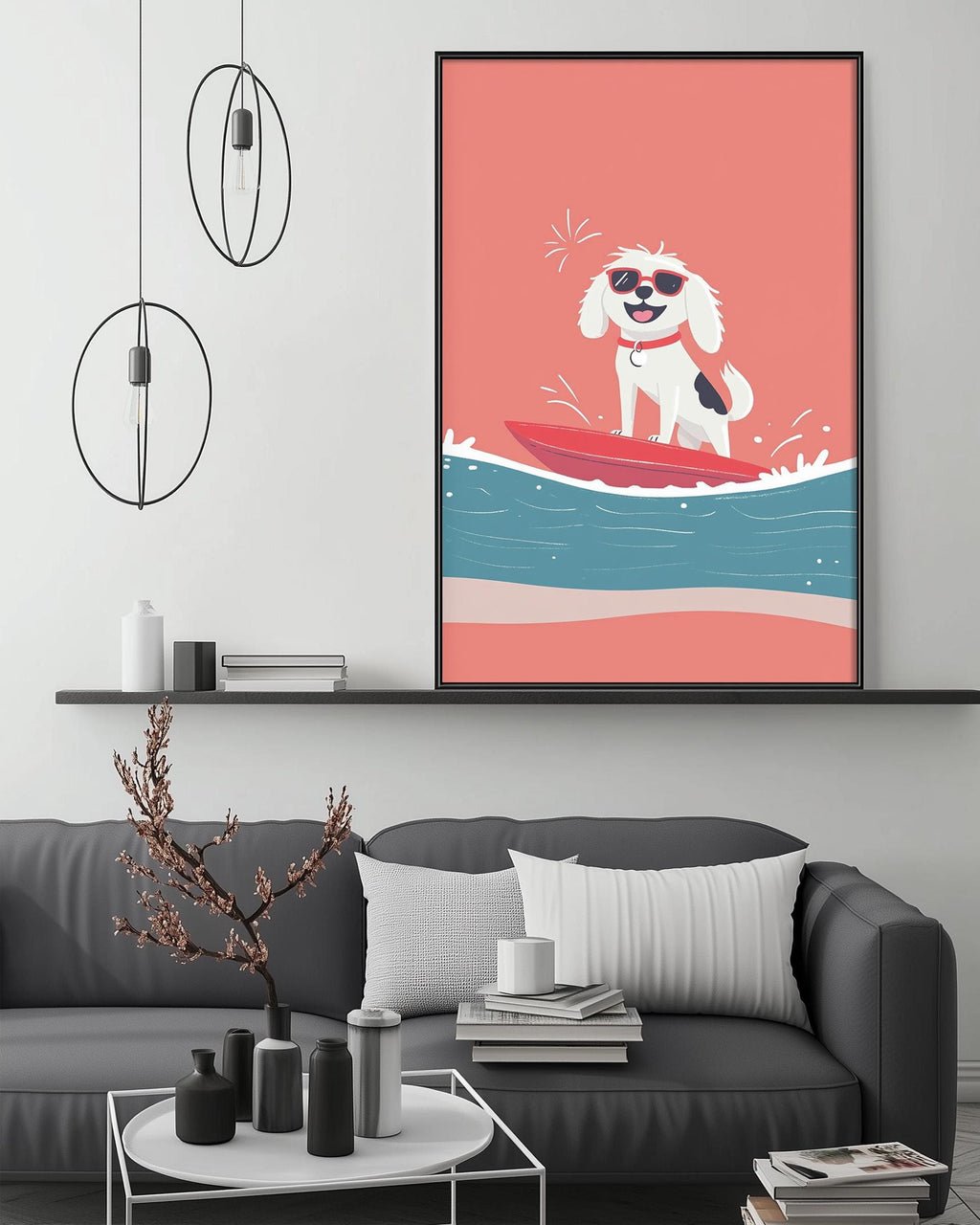 A cozy living room with a gray couch, a coffee table, and a framed illustration of a dog surfing on a red surfboard.